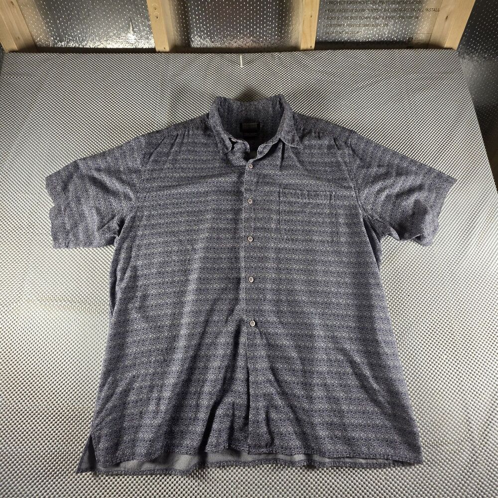 Knightsbridge Mens Large 100% Silk Shirt Blue Geometric Print Short Sleeve